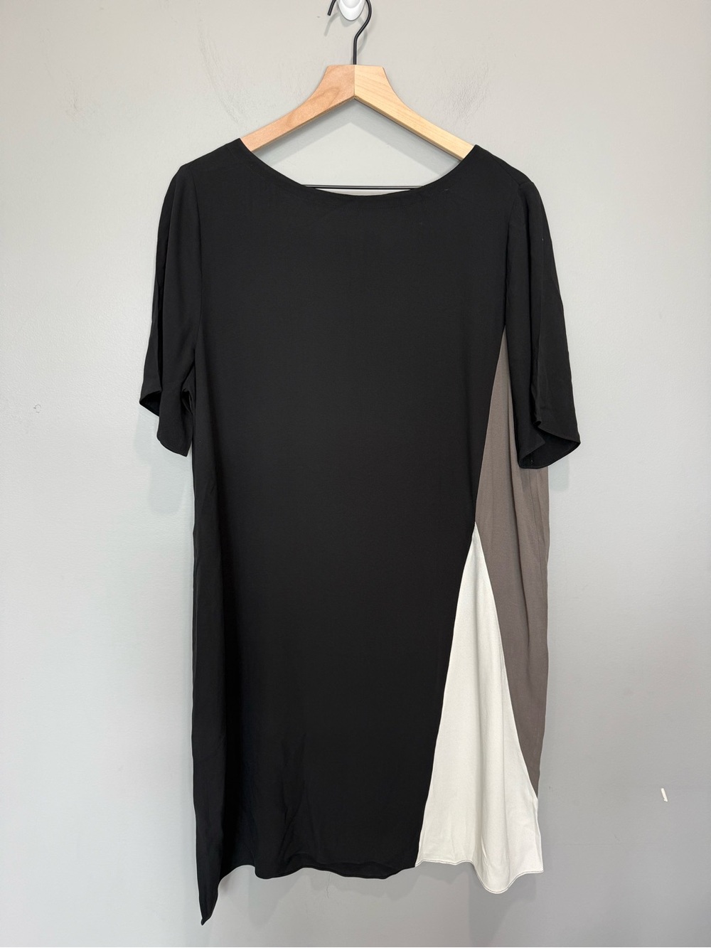 Eileen Fisher 100% Silk Color-block Georgette Shift Dress Black Gray Cream S18GC - Picture 2 of 8